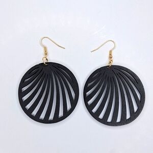 Black wood round earrings hollowed fan pattern boho jewelry statement